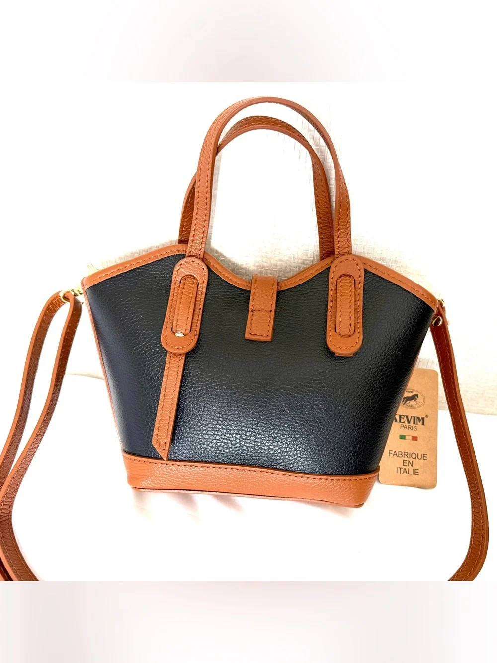 NWT Kevim Paris Black & Tan Leather Tote Bag with Gold Lock.